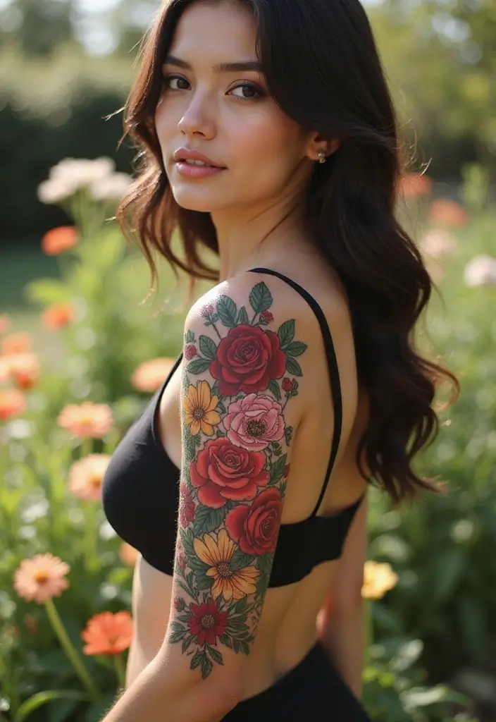 28 Gorgeous Back Tattoos for Women: From Minimal to Bold - 17. Floral Sleeve Extensions