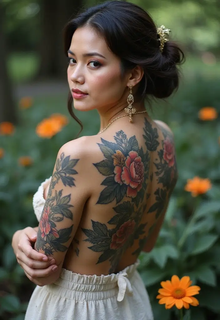 28 Gorgeous Back Tattoos for Women: From Minimal to Bold - 20. Layered Flower Designs
