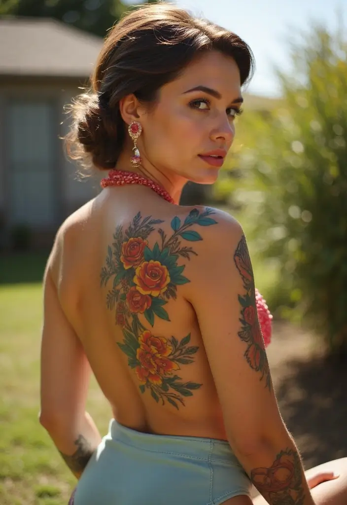 28 Gorgeous Back Tattoos for Women: From Minimal to Bold - 25. Retro Pin-Up Designs