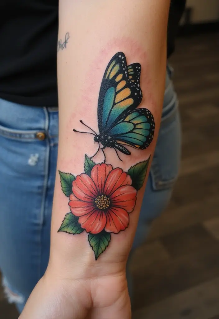 28 Gorgeous Pretty Tattoos for Women: Beauty Meets Meaning - 12. Butterfly and Flower Combinations: Transformation