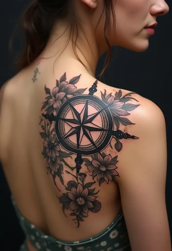 28 Gorgeous Pretty Tattoos for Women: Beauty Meets Meaning - 13. Compass Rose with Floral Elements: Guidance