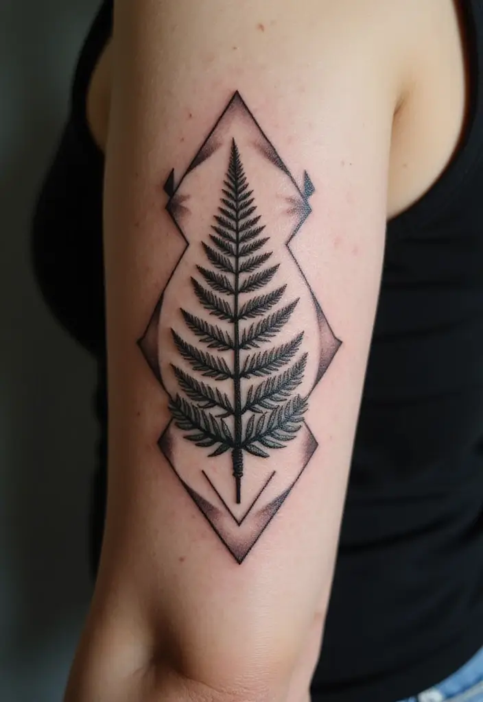 28 Gorgeous Pretty Tattoos for Women: Beauty Meets Meaning - 15. Ferns and Geometric Shapes: Modern Elegance