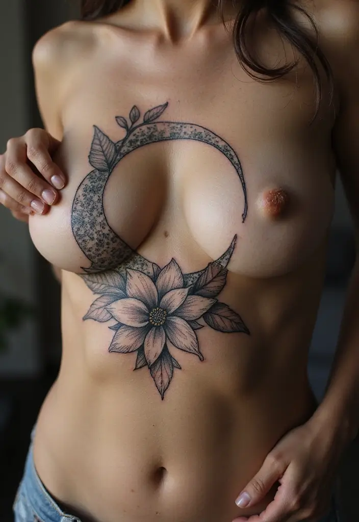 28 Gorgeous Pretty Tattoos for Women: Beauty Meets Meaning - 24. Flower and Moon: Mystical Connection