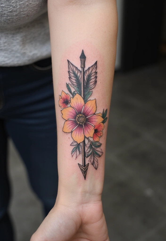 28 Gorgeous Pretty Tattoos for Women: Beauty Meets Meaning - 27. Floral Arrow: Direction and Growth
