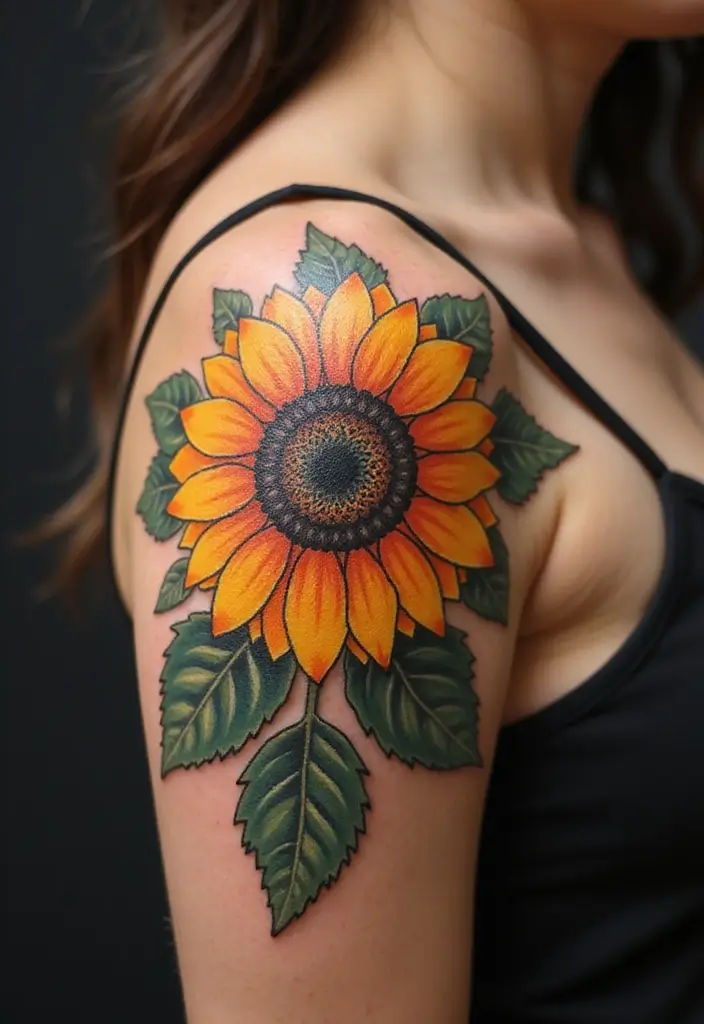 28 Gorgeous Pretty Tattoos for Women: Beauty Meets Meaning - 5. Sunflower: A Bright Symbol of Happiness