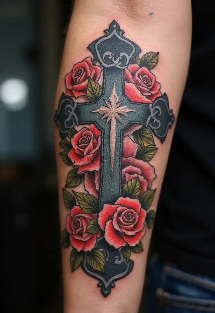 28 Inspirational Cross Tattoos for Women: Faith & Strength - 1. Floral Cross with Rose Accents
