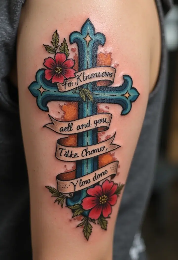 28 Inspirational Cross Tattoos for Women: Faith & Strength - 10. Inspirational Quote with Cross and Flowers