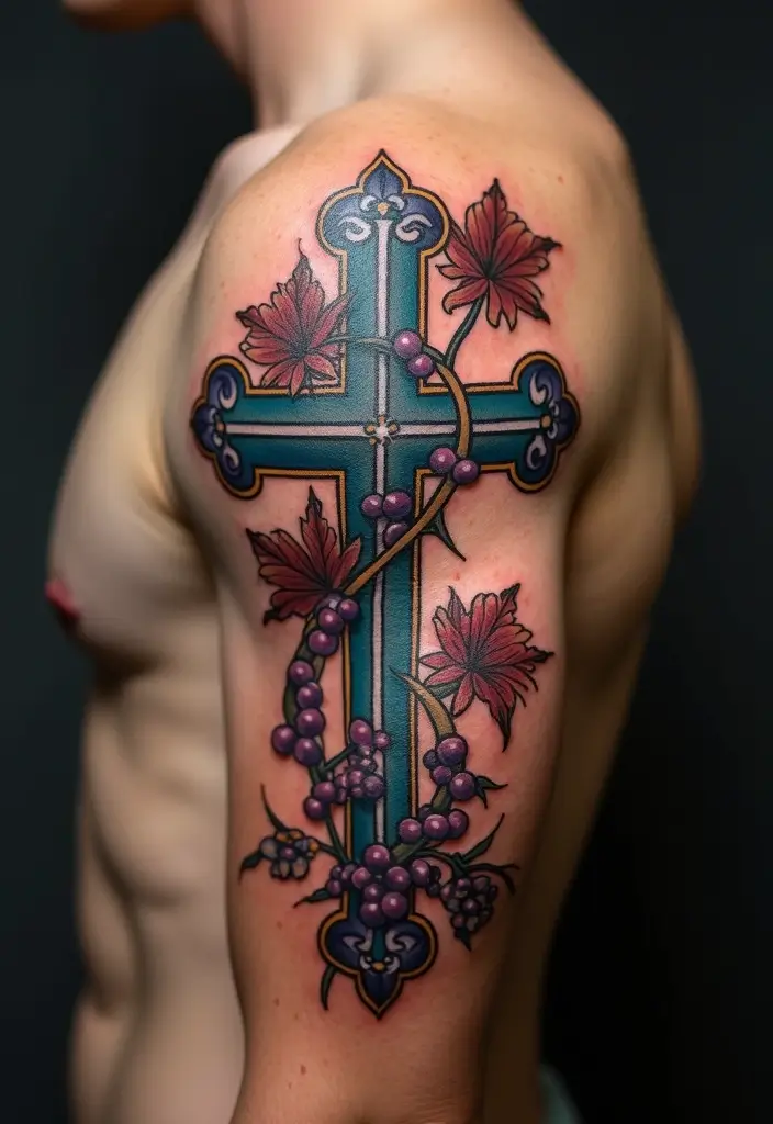 28 Inspirational Cross Tattoos for Women: Faith & Strength - 11. Cross with Grapevines