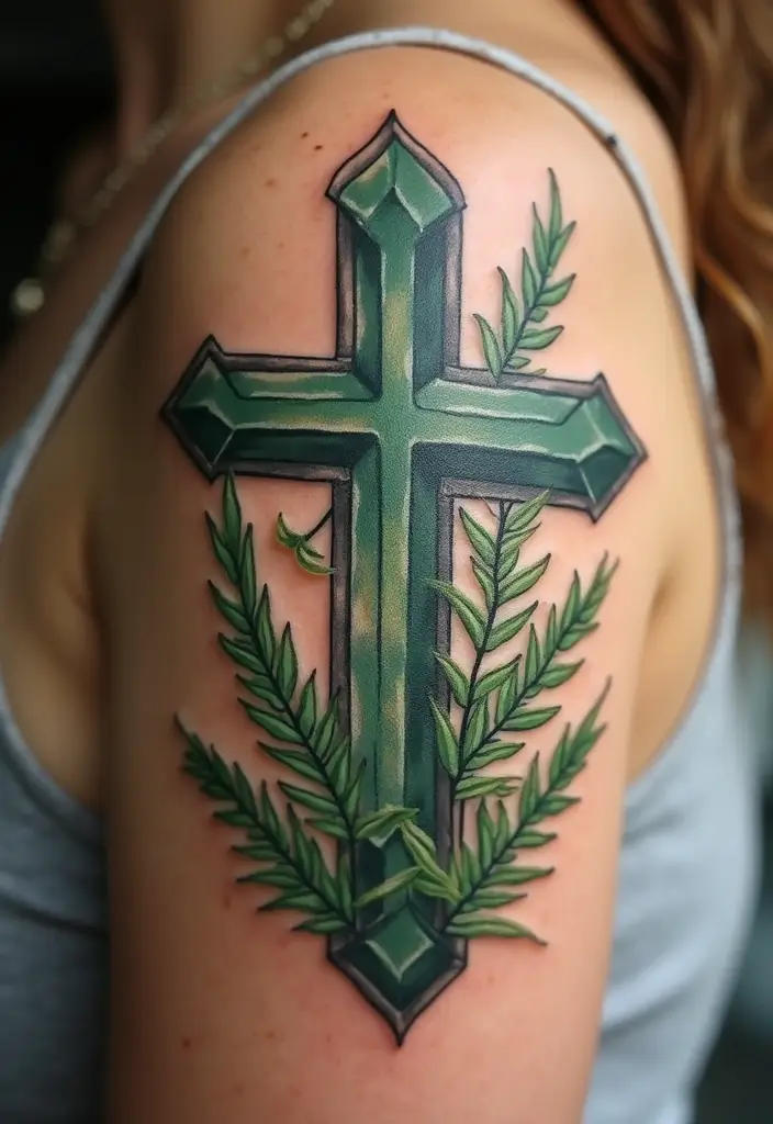 28 Inspirational Cross Tattoos for Women: Faith & Strength - 12. Cross with Fern Leaves