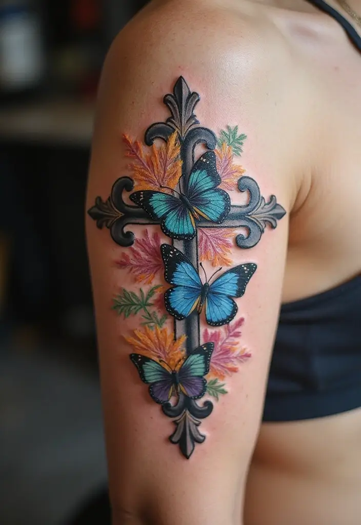 28 Inspirational Cross Tattoos for Women: Faith & Strength - 13. Cross with Butterfly Accents
