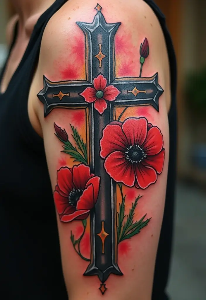 28 Inspirational Cross Tattoos for Women: Faith & Strength - 15. Cross with Poppies