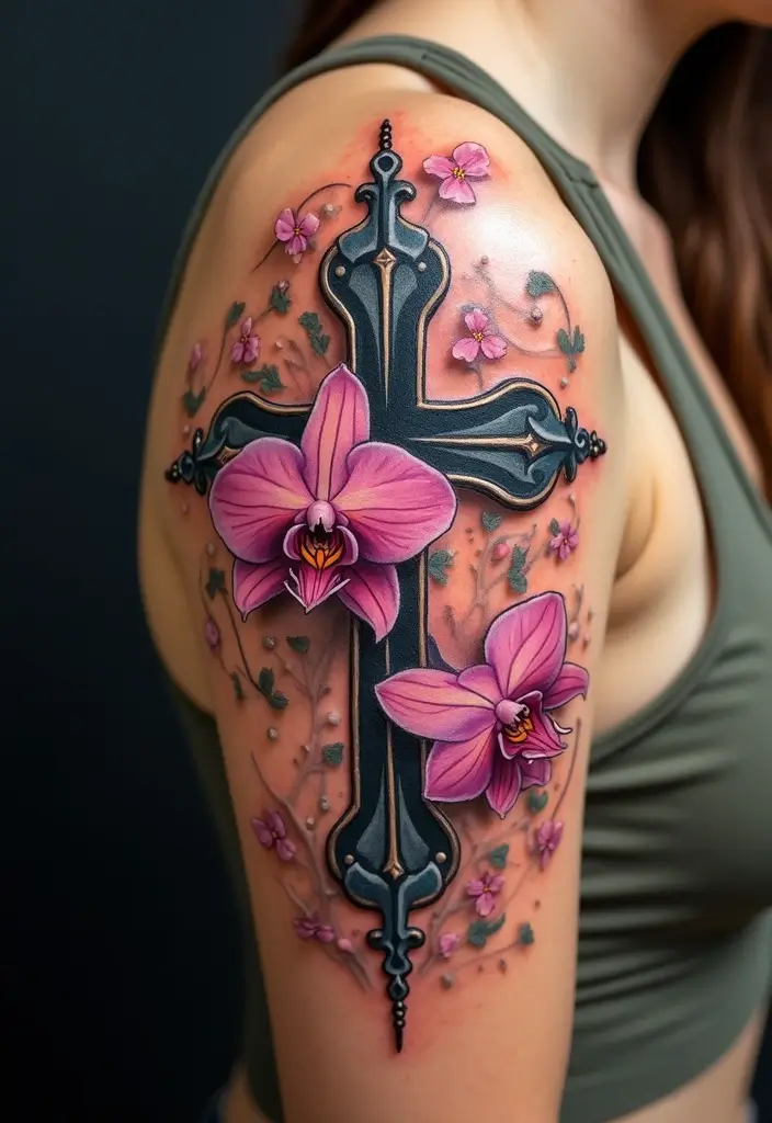 28 Inspirational Cross Tattoos for Women: Faith & Strength - 16. Cross with Orchids