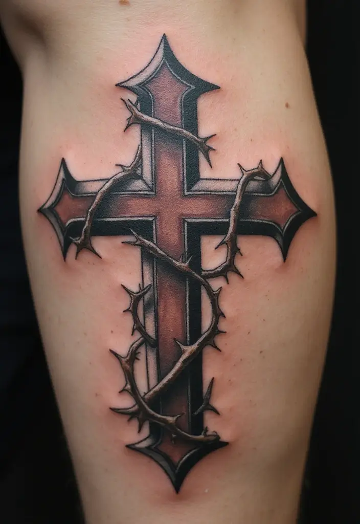 28 Inspirational Cross Tattoos for Women: Faith & Strength - 17. Cross with Thorns