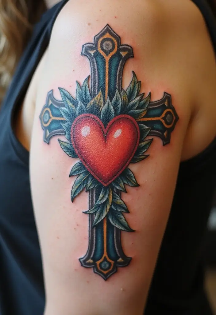 28 Inspirational Cross Tattoos for Women: Faith & Strength - 18. Cross with a Heart
