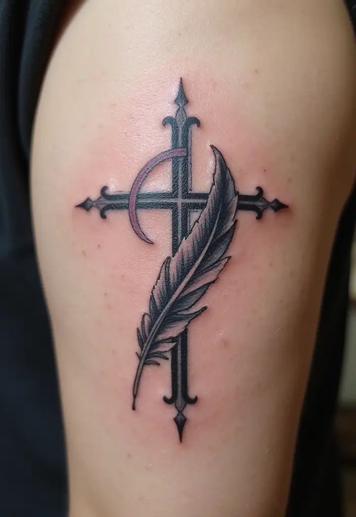 28 Inspirational Cross Tattoos for Women: Faith & Strength - 19. Cross with a Feather
