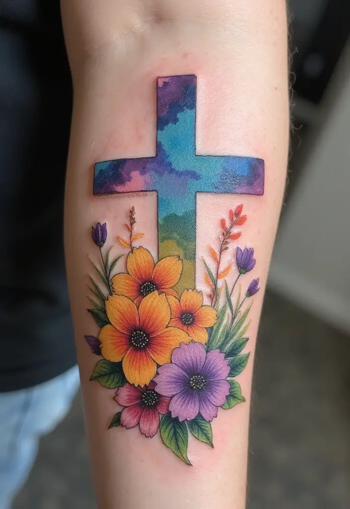 28 Inspirational Cross Tattoos for Women: Faith & Strength - 2. Watercolor Cross with Wildflowers