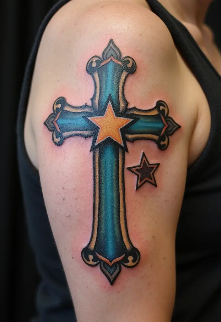 28 Inspirational Cross Tattoos for Women: Faith & Strength - 20. Cross with a Star