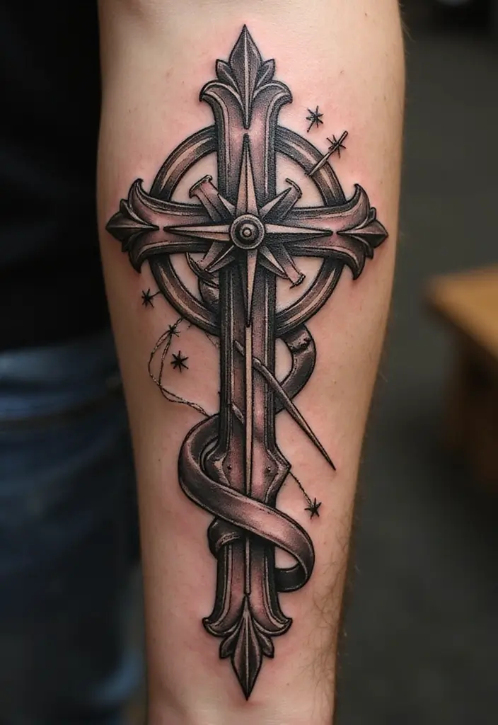 28 Inspirational Cross Tattoos for Women: Faith & Strength - 21. Cross with a Compass