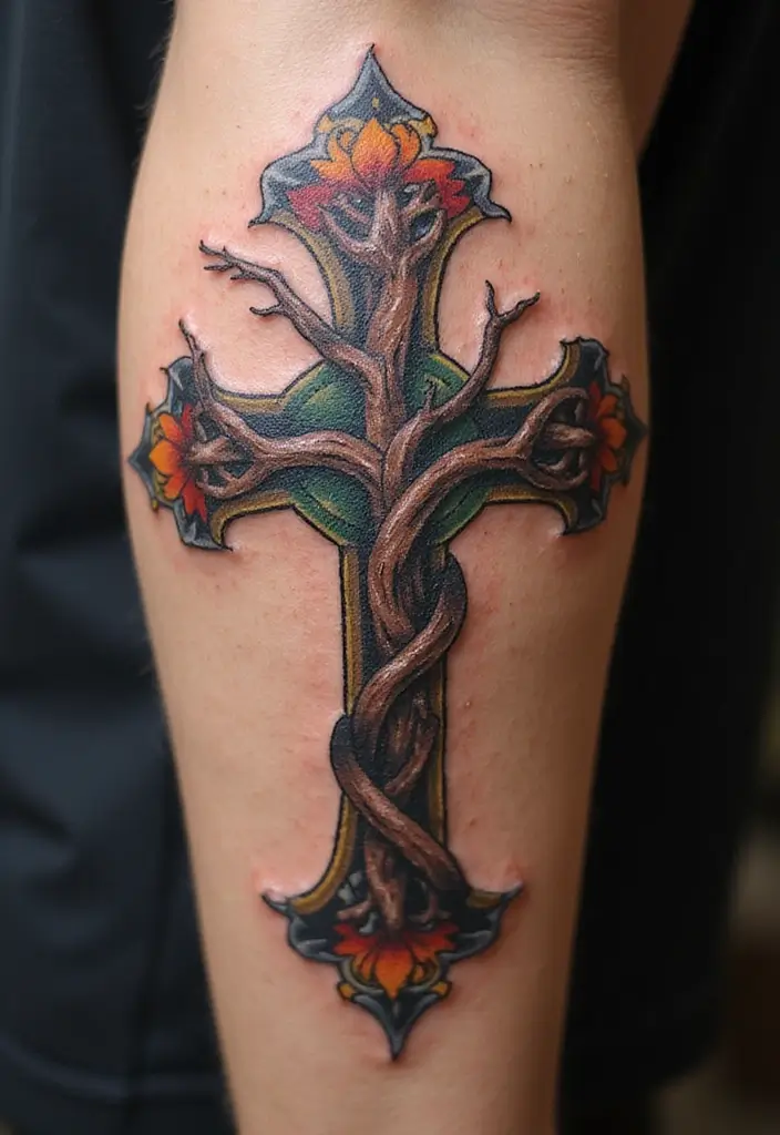 28 Inspirational Cross Tattoos for Women: Faith & Strength - 23. Cross with a Tree of Life