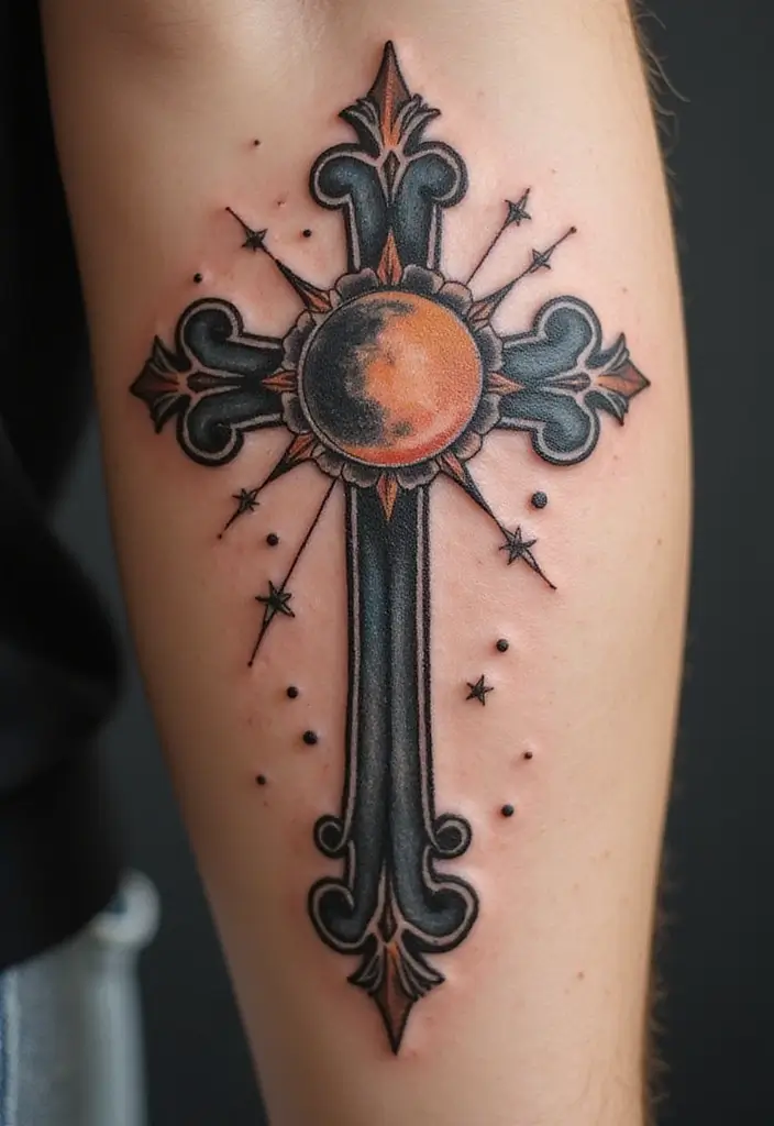 28 Inspirational Cross Tattoos for Women: Faith & Strength - 24. Cross with a Moon and Stars