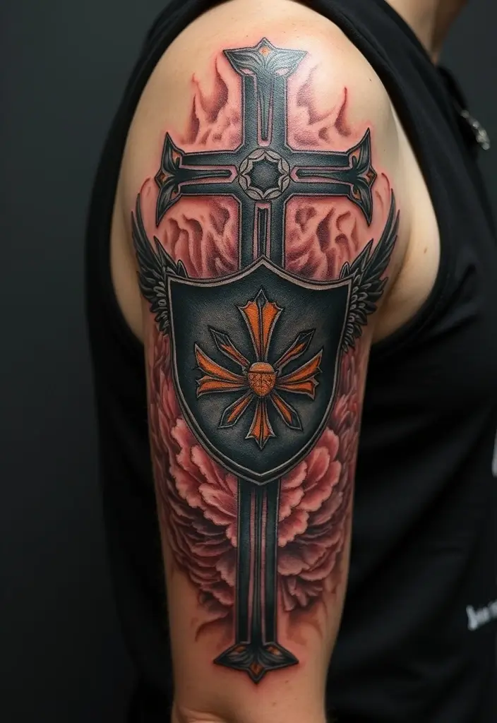 28 Inspirational Cross Tattoos for Women: Faith & Strength - 25. Cross with a Shield