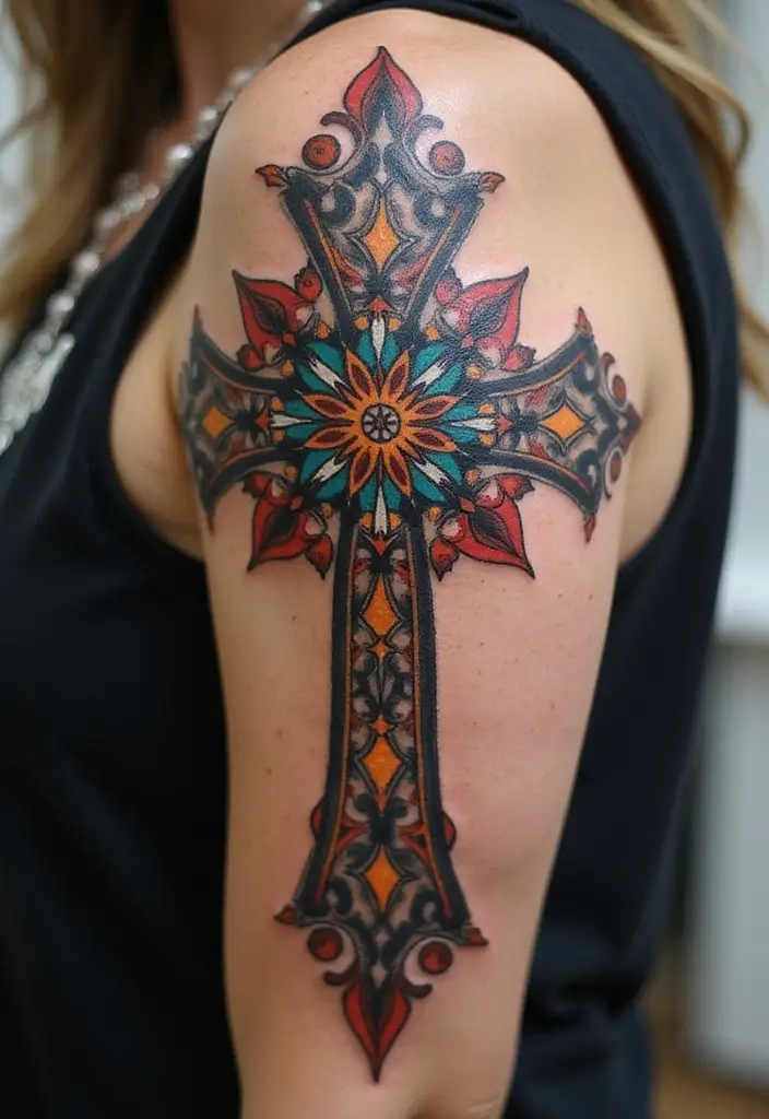 28 Inspirational Cross Tattoos for Women: Faith & Strength - 26. Cross with a Mandala Design