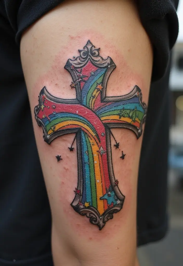 28 Inspirational Cross Tattoos for Women: Faith & Strength - 27. Cross with a Rainbow