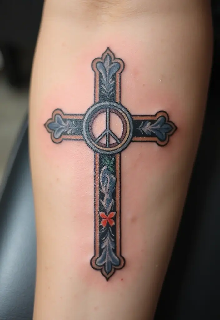 28 Inspirational Cross Tattoos for Women: Faith & Strength - 28. Cross with a Peace Symbol