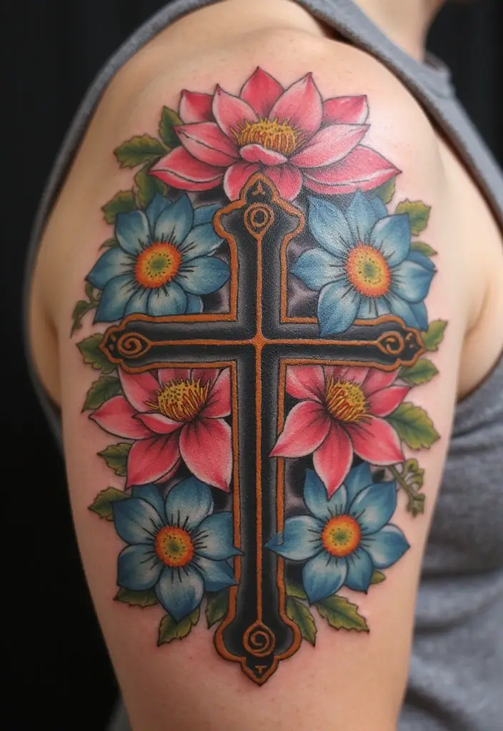 28 Inspirational Cross Tattoos for Women: Faith & Strength - 4. Cross with Lotus Flowers