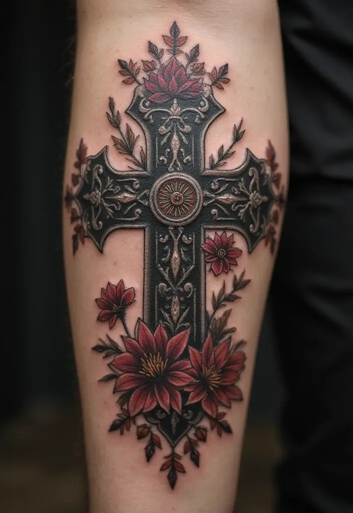 28 Inspirational Cross Tattoos for Women: Faith & Strength - 5. Gothic-Style Cross with Floral Embellishments