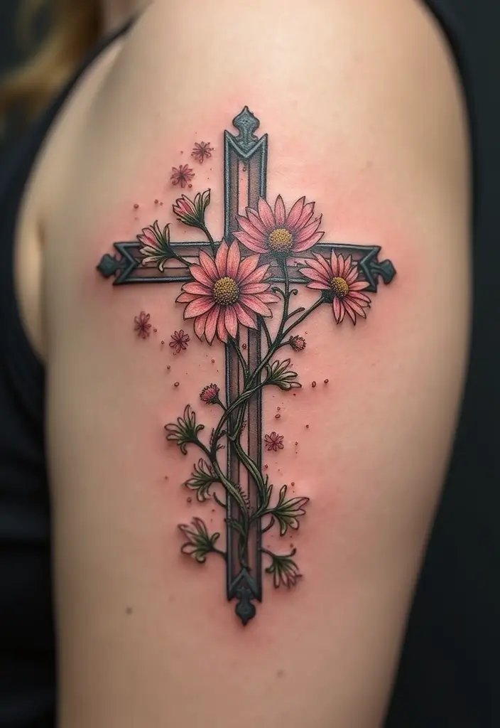 28 Inspirational Cross Tattoos for Women: Faith & Strength - 6. Cross with Daisies and Vines