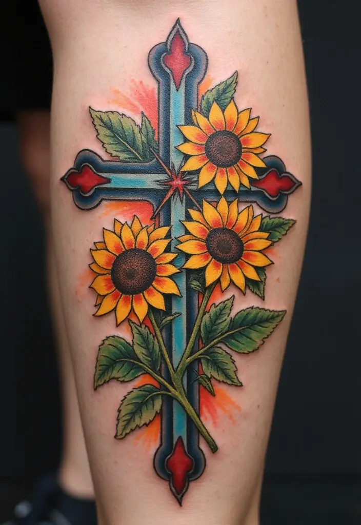 28 Inspirational Cross Tattoos for Women: Faith & Strength - 7. Cross with Sunflowers