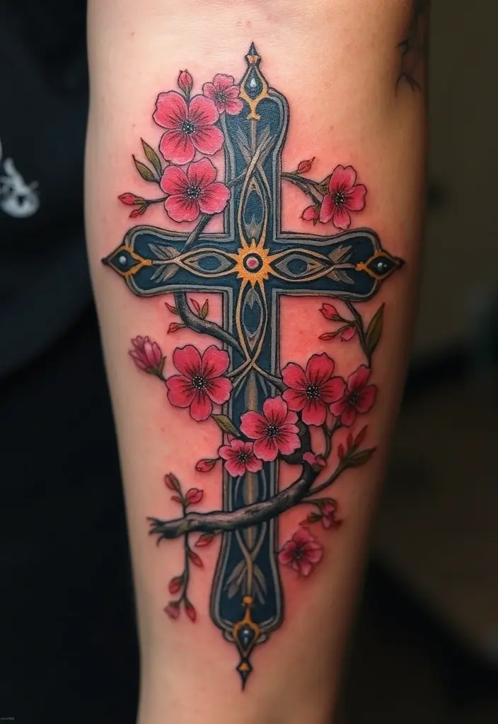28 Inspirational Cross Tattoos for Women: Faith & Strength - 9. Cross with Cherry Blossoms