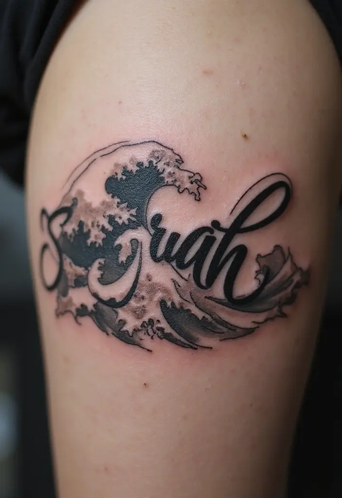 28 Meaningful Name Tattoos for Women: Honoring Loved Ones - 22. Name Tattoos with Waves