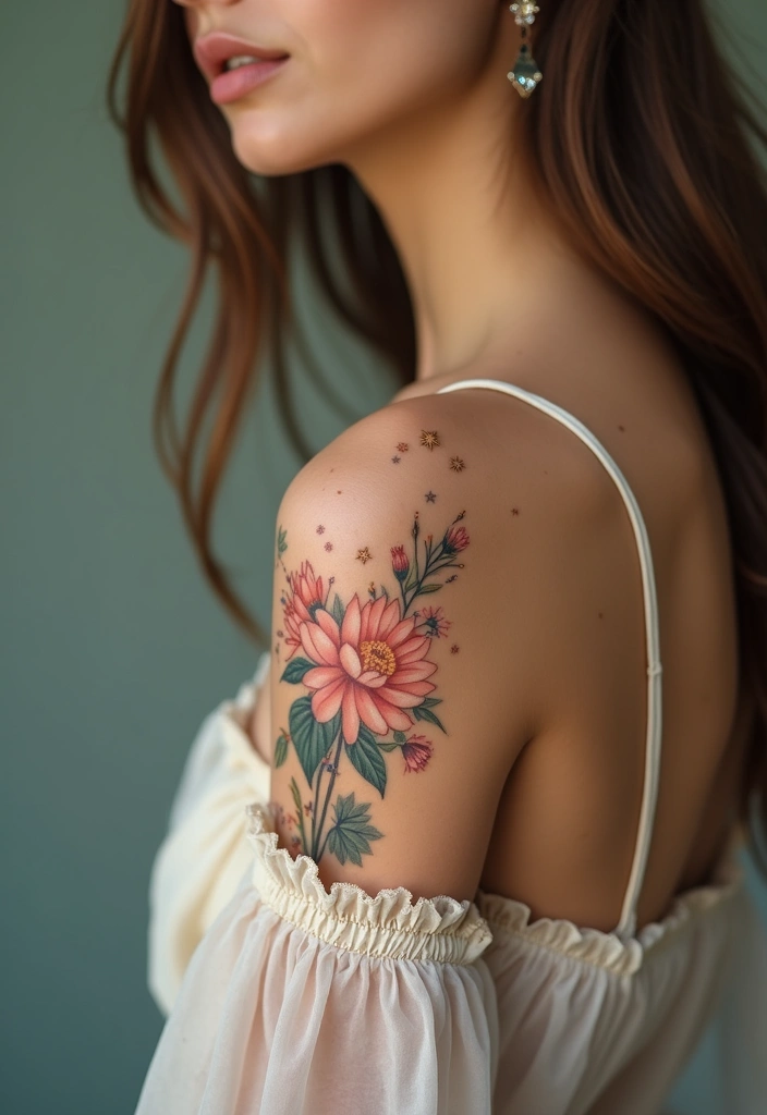 28 Stylish Upper Arm Tattoos for Women: Bold & Beautiful - 12. Starry Night Blooms