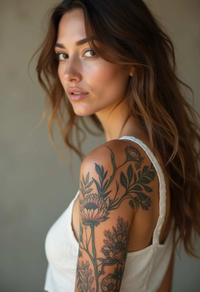 28 Stylish Upper Arm Tattoos for Women: Bold & Beautiful - 13. Vintage Botanical Illustrations