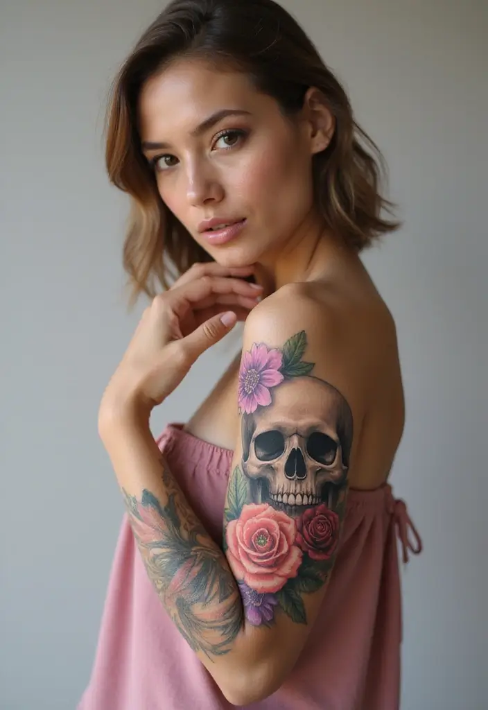 28 Stylish Upper Arm Tattoos for Women: Bold & Beautiful - 14. Floral Skull