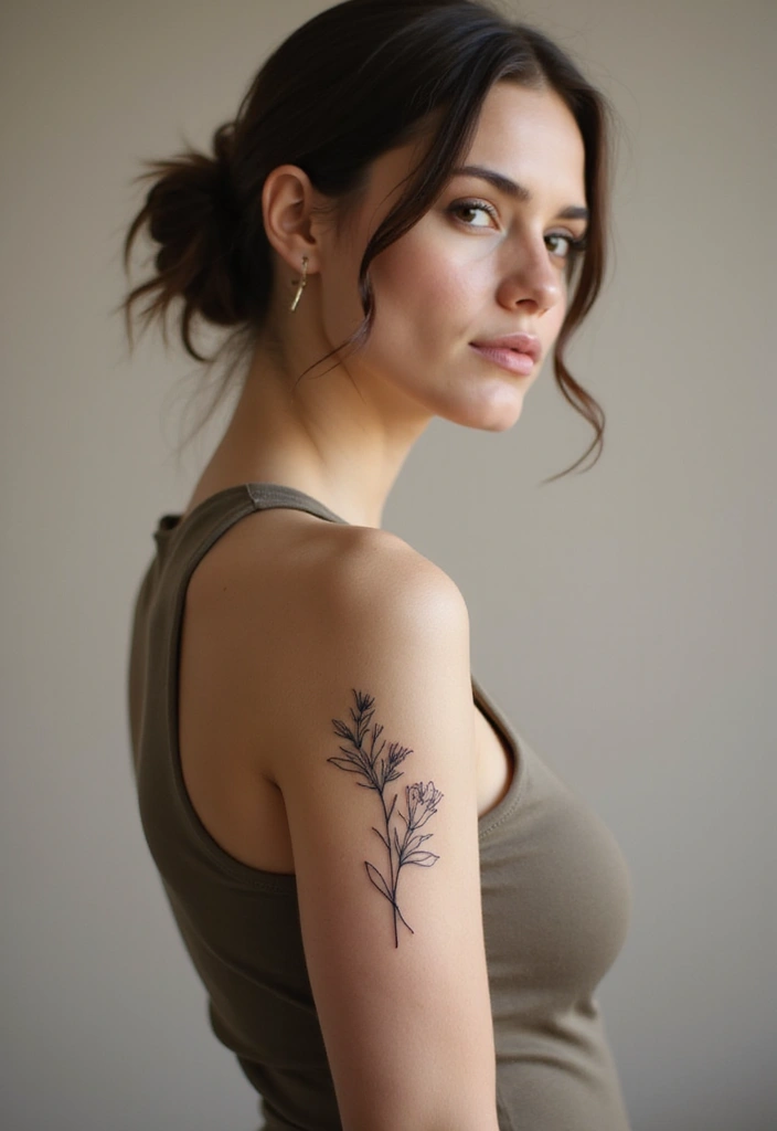 28 Stylish Upper Arm Tattoos for Women: Bold & Beautiful - 15. Minimalist Floral Line Art