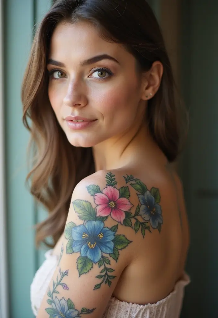 28 Stylish Upper Arm Tattoos for Women: Bold & Beautiful - 16. Floral Watercolor Tattoos