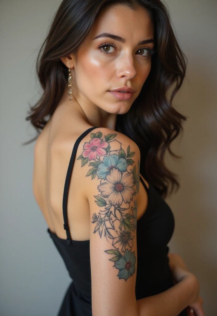 28 Stylish Upper Arm Tattoos for Women: Bold & Beautiful - 17. Floral Geometric Designs