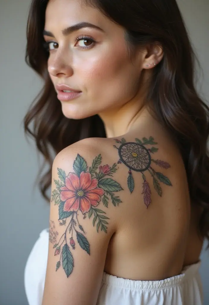 28 Stylish Upper Arm Tattoos for Women: Bold & Beautiful - 18. Floral Dreamcatcher