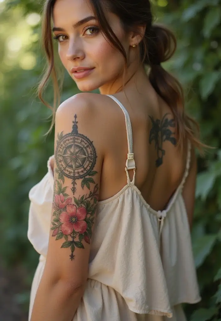 28 Stylish Upper Arm Tattoos for Women: Bold & Beautiful - 21. Floral Compass