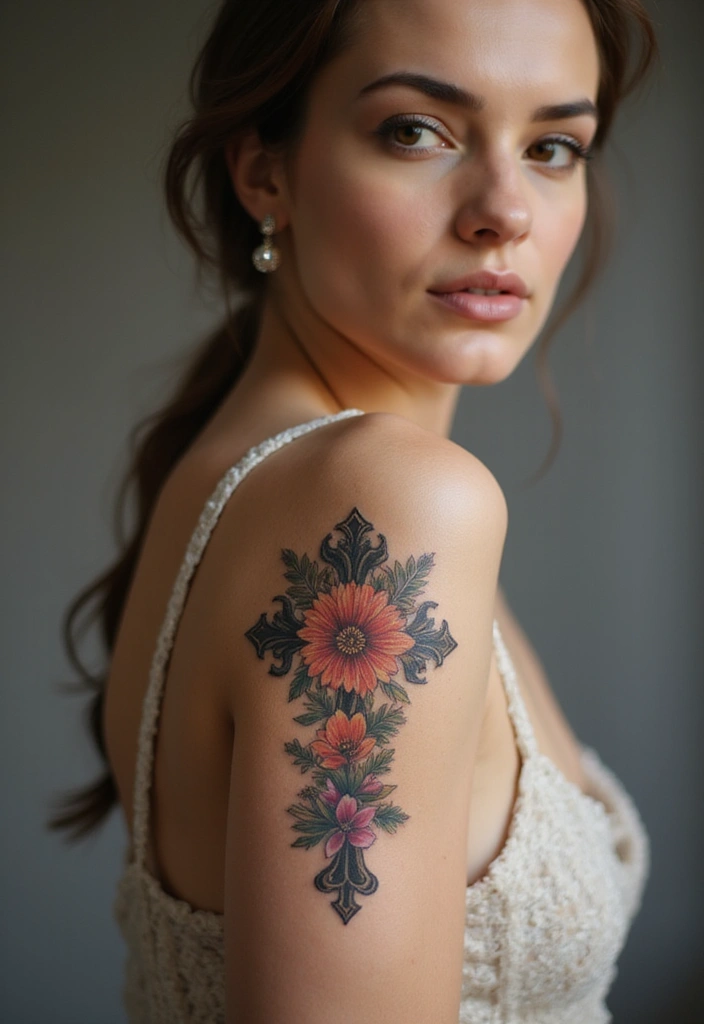 28 Stylish Upper Arm Tattoos for Women: Bold & Beautiful - 22. Floral Cross