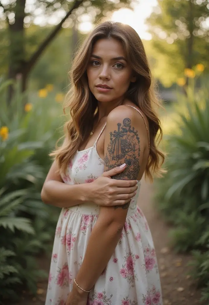 28 Stylish Upper Arm Tattoos for Women: Bold & Beautiful - 23. Floral Warrior
