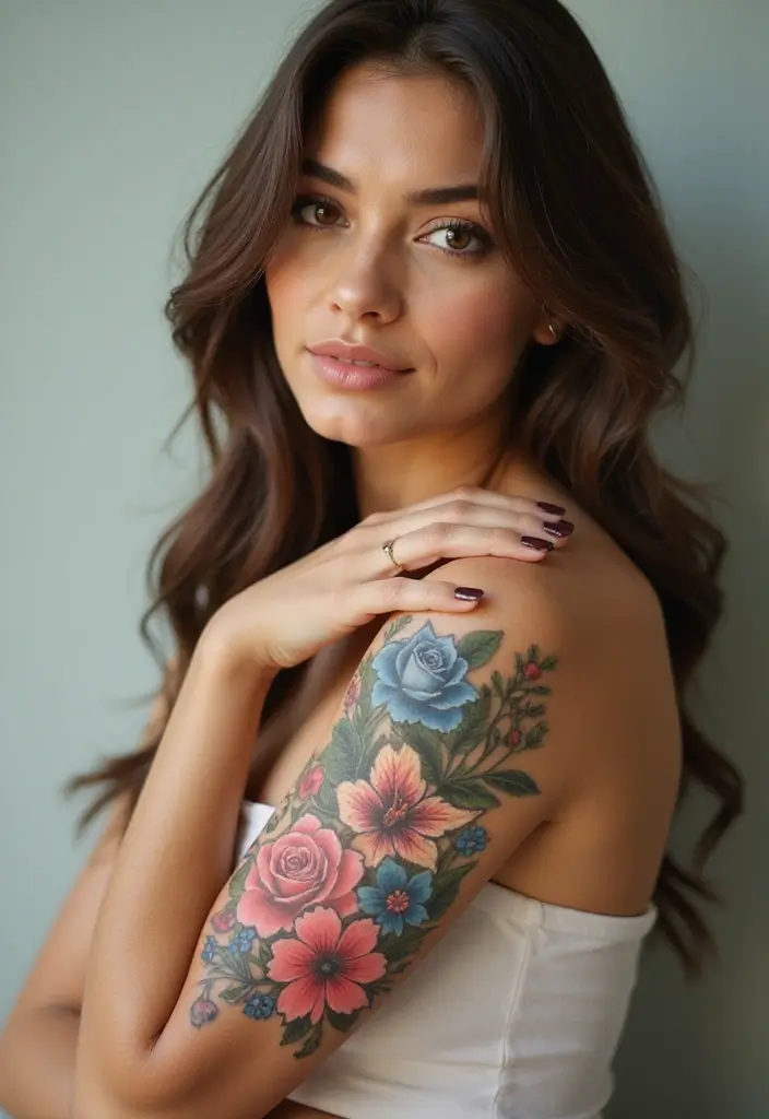 28 Stylish Upper Arm Tattoos for Women: Bold & Beautiful - 28. Floral Mosaic
