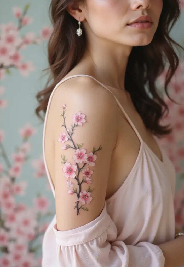 28 Stylish Upper Arm Tattoos for Women: Bold & Beautiful - 4. Elegant Cherry Blossoms