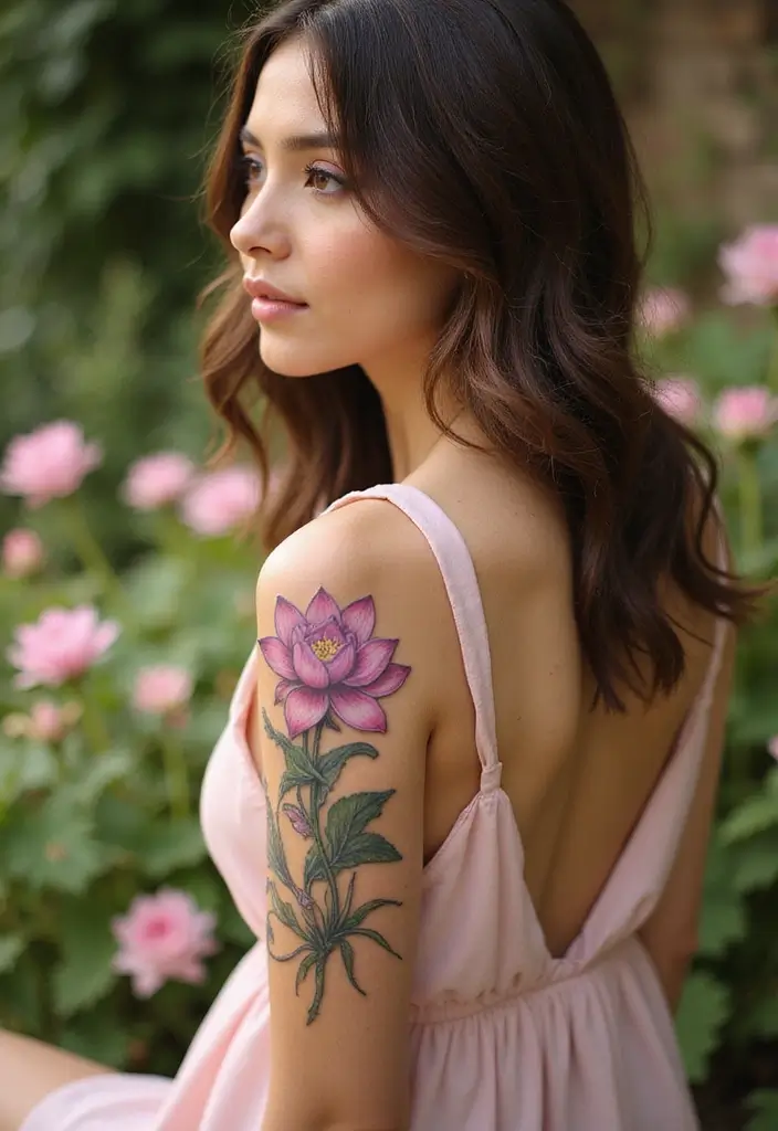 28 Stylish Upper Arm Tattoos for Women: Bold & Beautiful - 5. Lotus Flower
