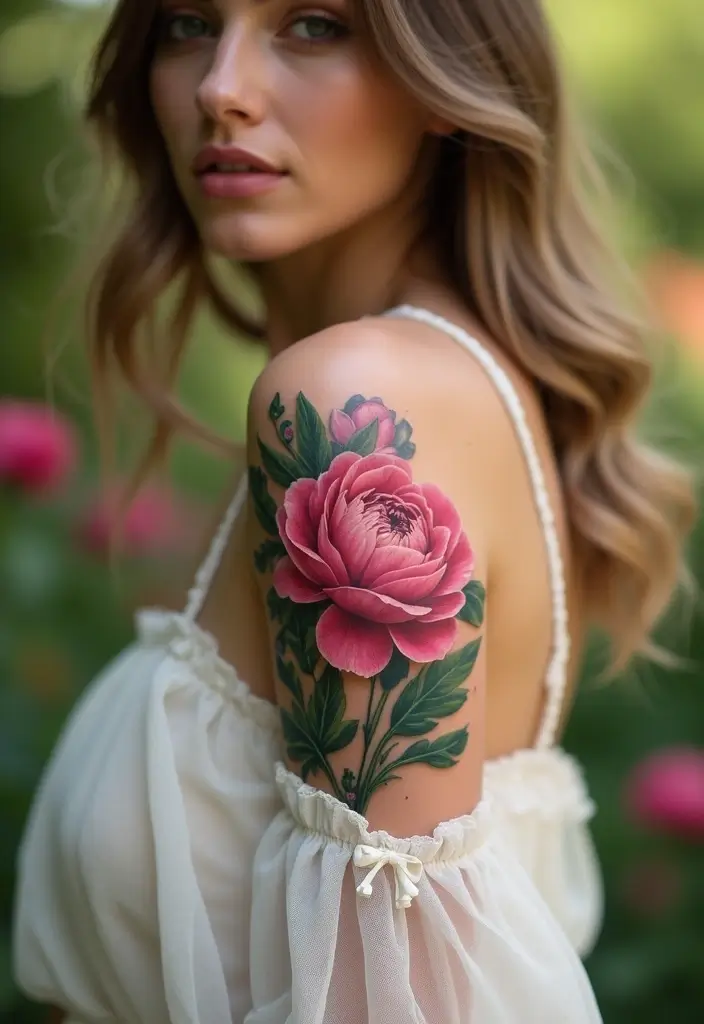 28 Stylish Upper Arm Tattoos for Women: Bold & Beautiful - 6. Peony Perfection