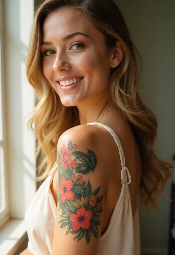28 Stylish Upper Arm Tattoos for Women: Bold & Beautiful - 7. Tropical Floral Paradise
