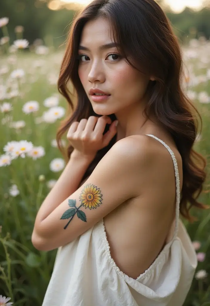 28 Stylish Upper Arm Tattoos for Women: Bold & Beautiful - 9. Whimsical Daisies